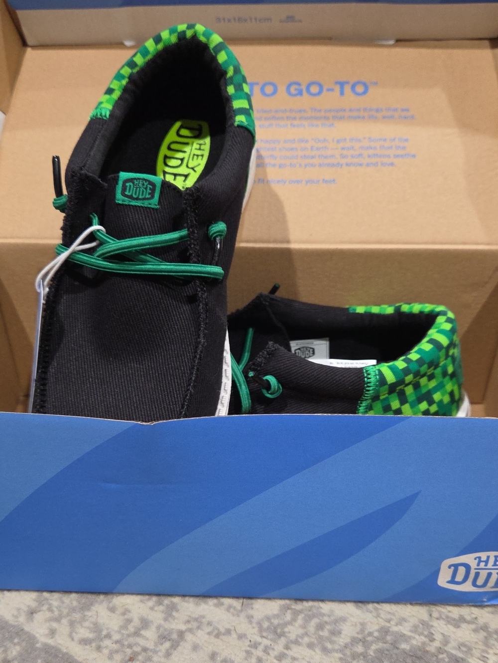 Hey Dude Kids Black Sneakers with Green Check Collar